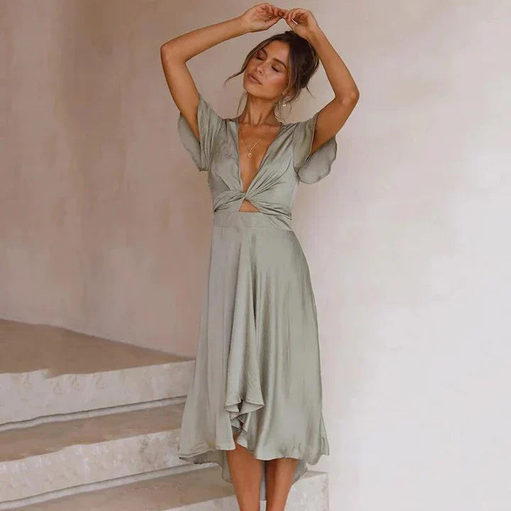 Damen fließendes Sommerkleid für festliche Anlässe in Olive Grün 1