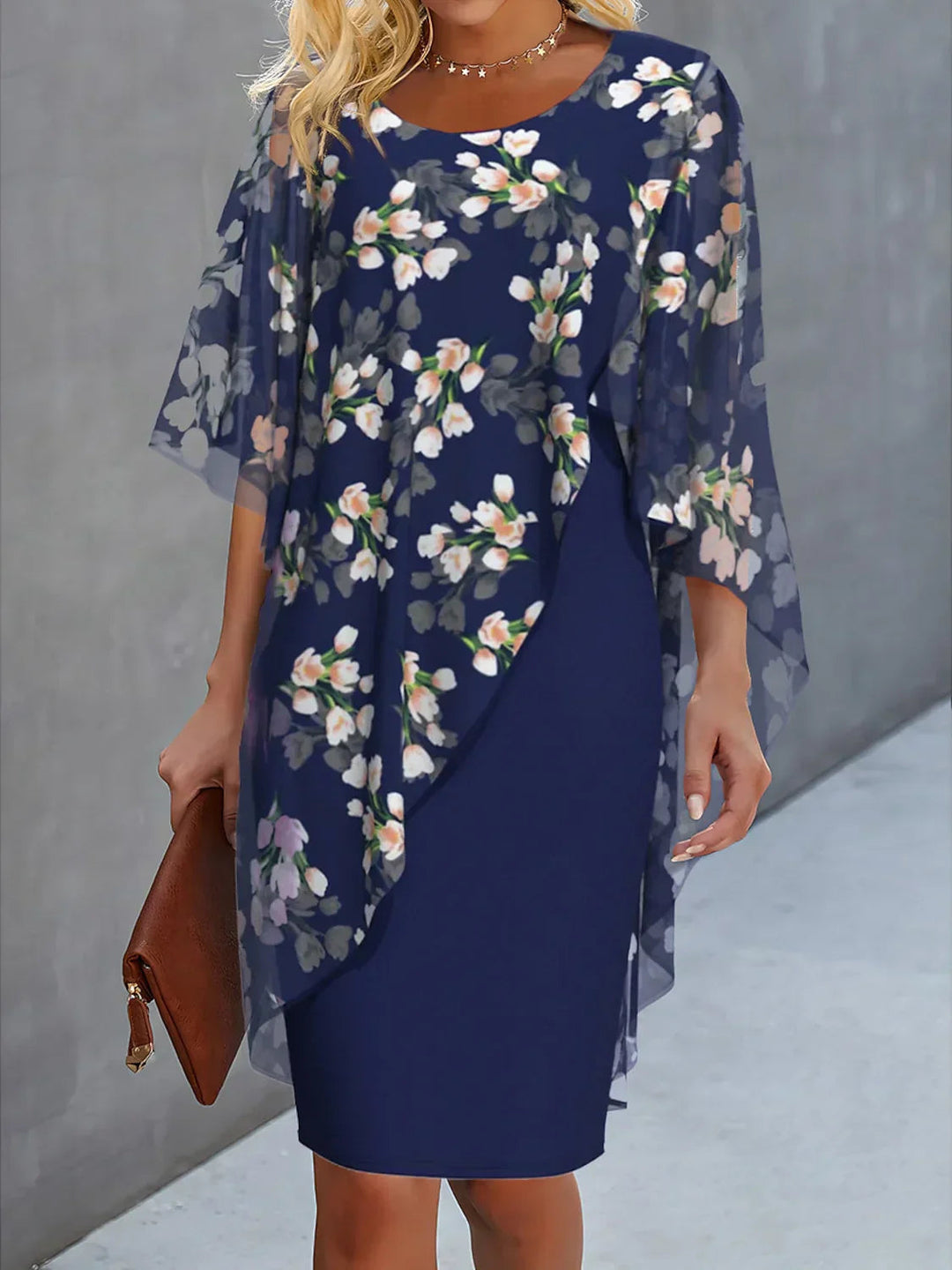 Damen Florales Sommerkleid mit Cape in Dunkelblau