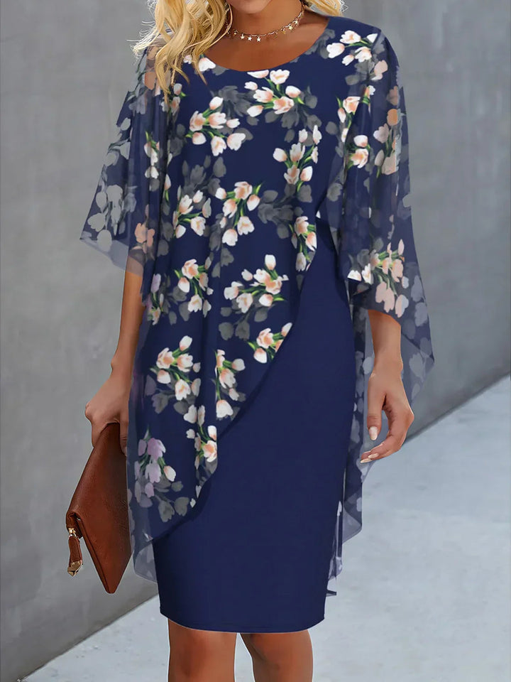 Damen Florales Sommerkleid mit Cape in Dunkelblau