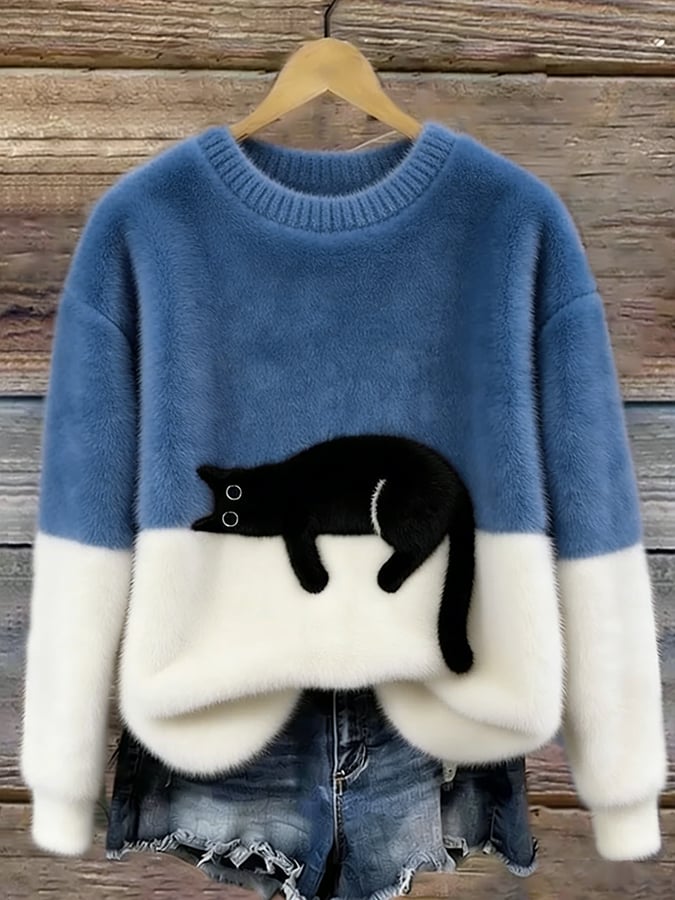 Damen Gemütliche Strickjacke mit lustigem Katzendruck in Blau
