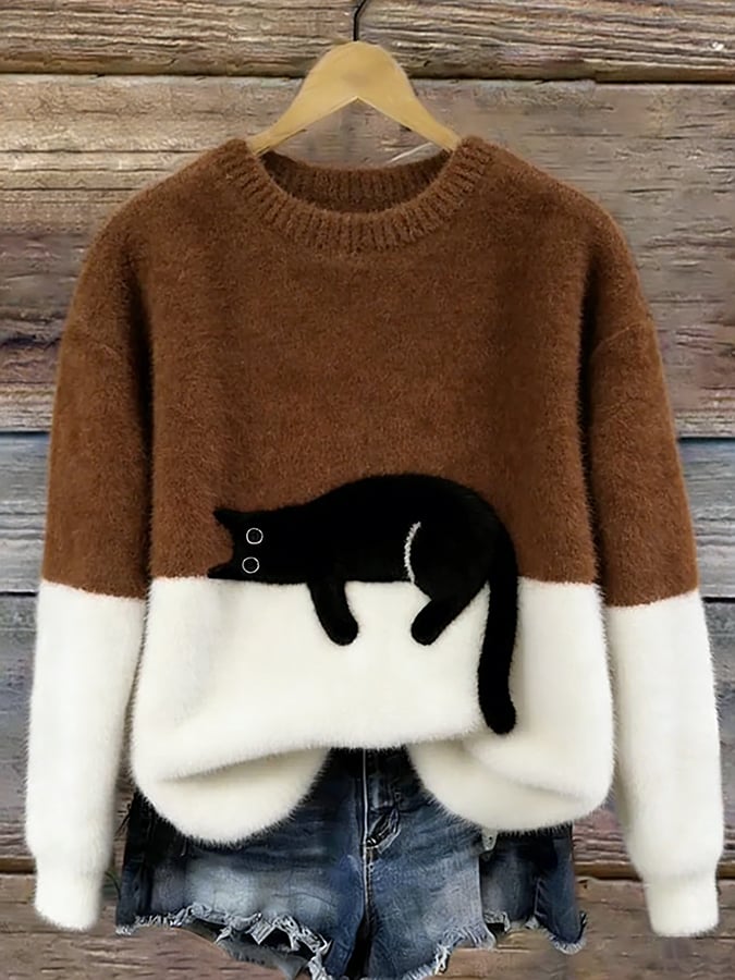Damen Gemütliche Strickjacke mit lustigem Katzendruck in Braun