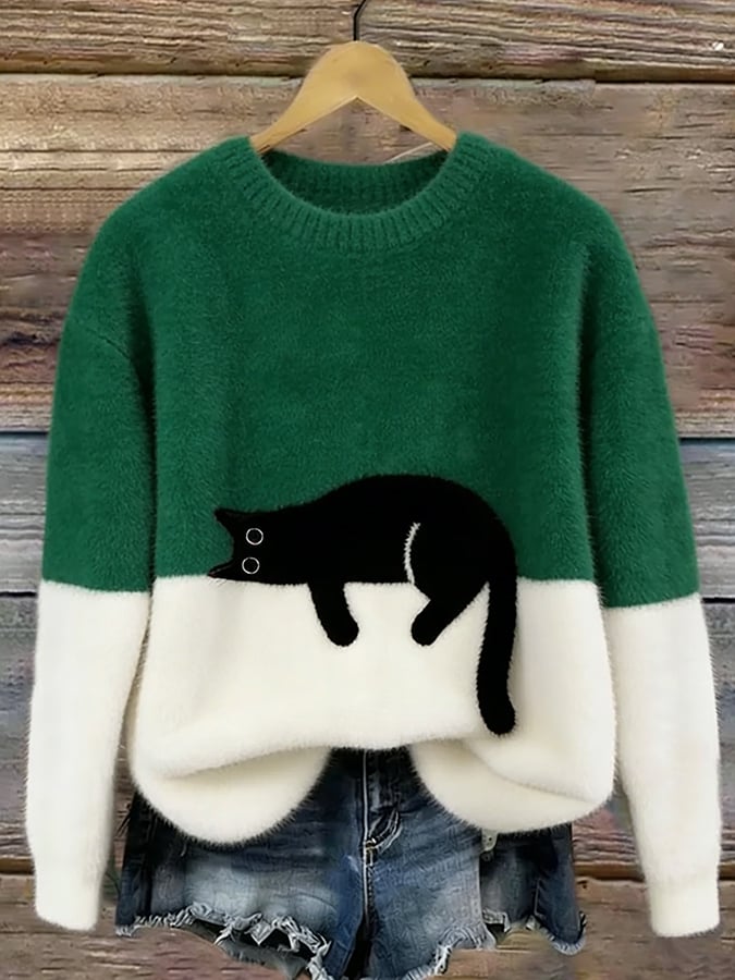 Damen Gemütliche Strickjacke mit lustigem Katzendruck in Grün