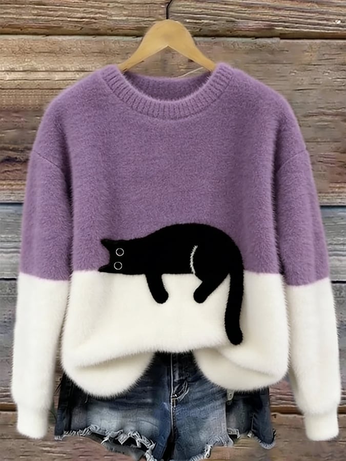 Damen Gemütliche Strickjacke mit lustigem Katzendruck in Lila