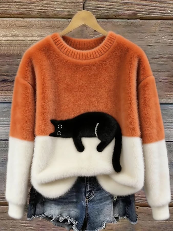 Damen Gemütliche Strickjacke mit lustigem Katzendruck in Orange