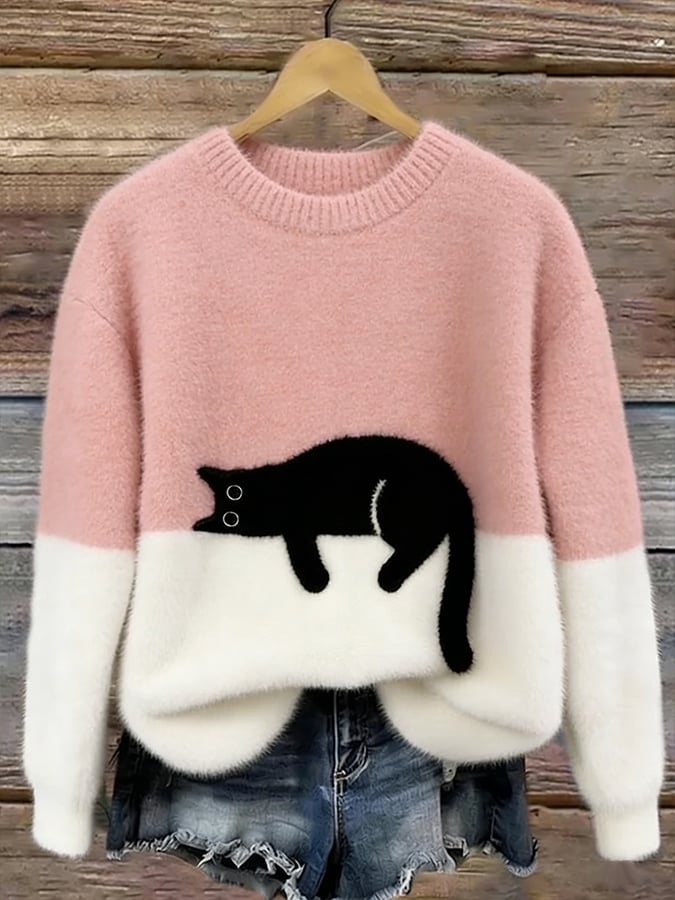 Damen Gemütliche Strickjacke mit lustigem Katzendruck in Rosa