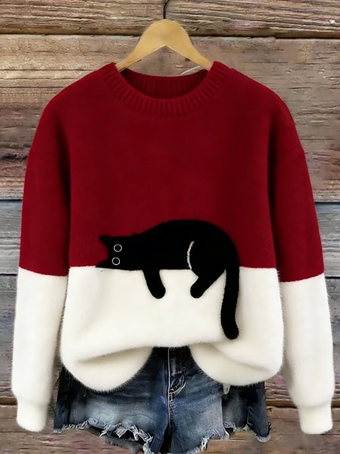 Damen Gemütliche Strickjacke mit lustigem Katzendruck in Rot