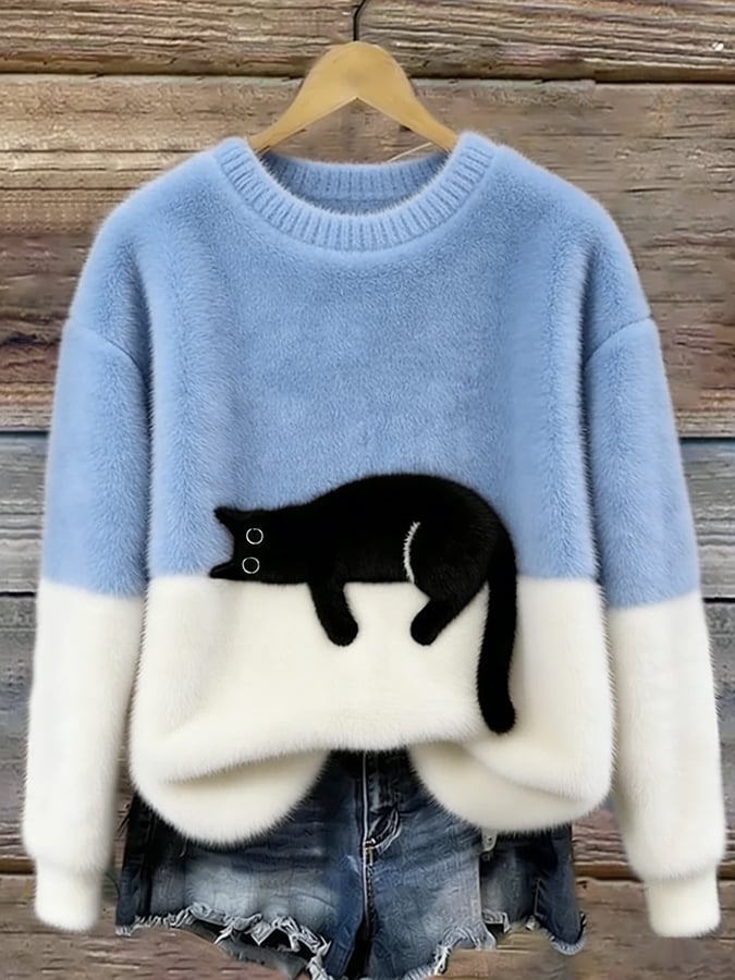 Damen Gemütliche Strickjacke mit lustigem Katzendruck in Sky Blue