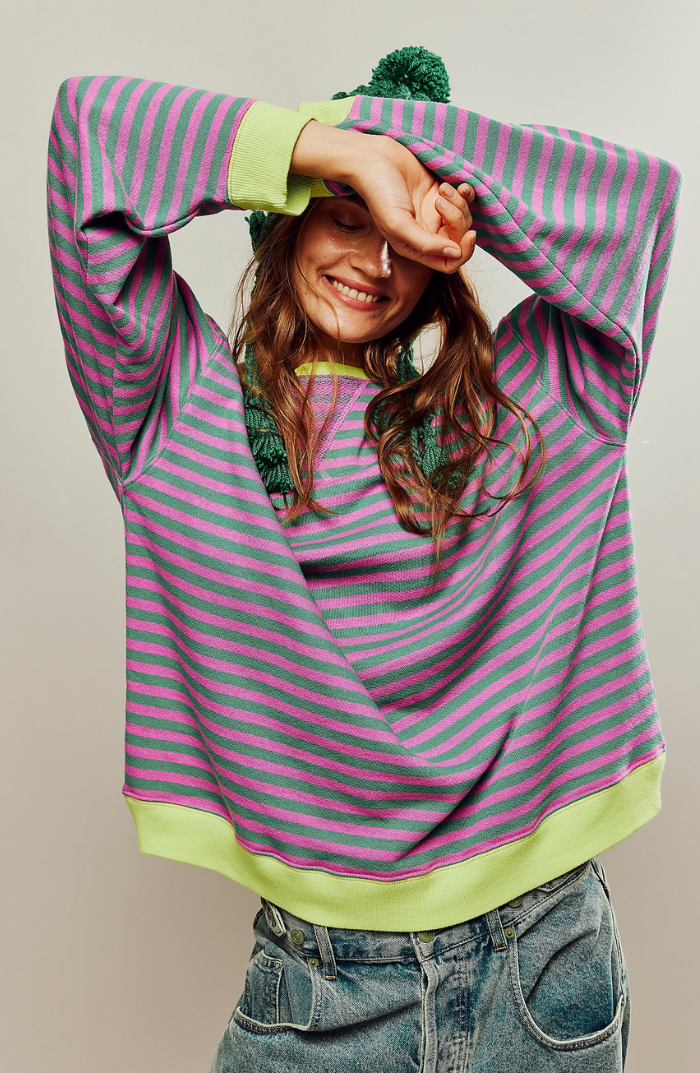 Damen Gestreifter Pullover für Frühling und Alltag in Grün und Rosa