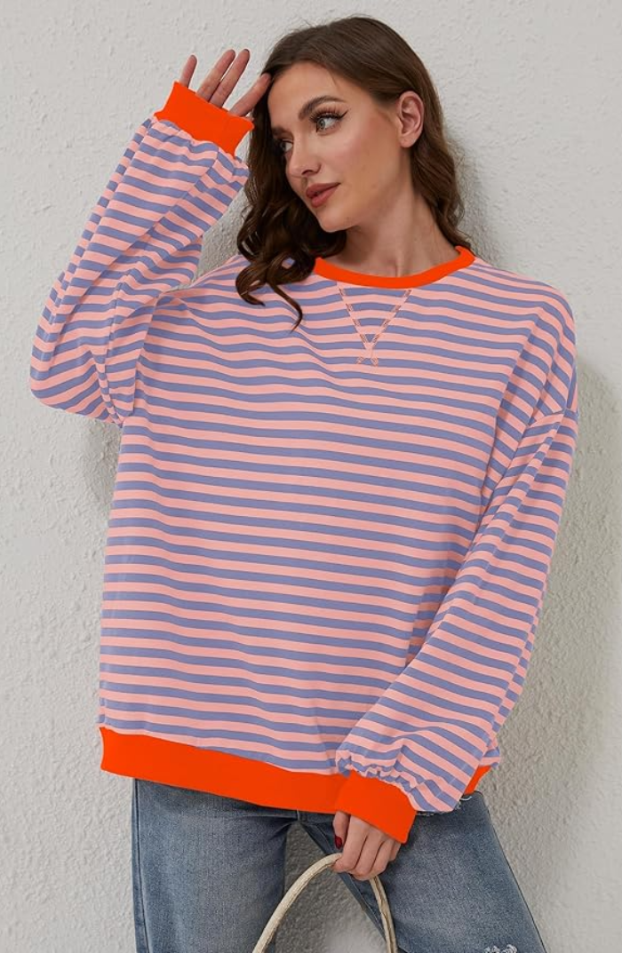 Damen Gestreifter Pullover für Frühling und Alltag in Orange und Blau