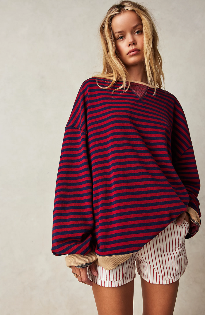 Damen Gestreifter Pullover für Frühling und Alltag in Schwarz und Rot