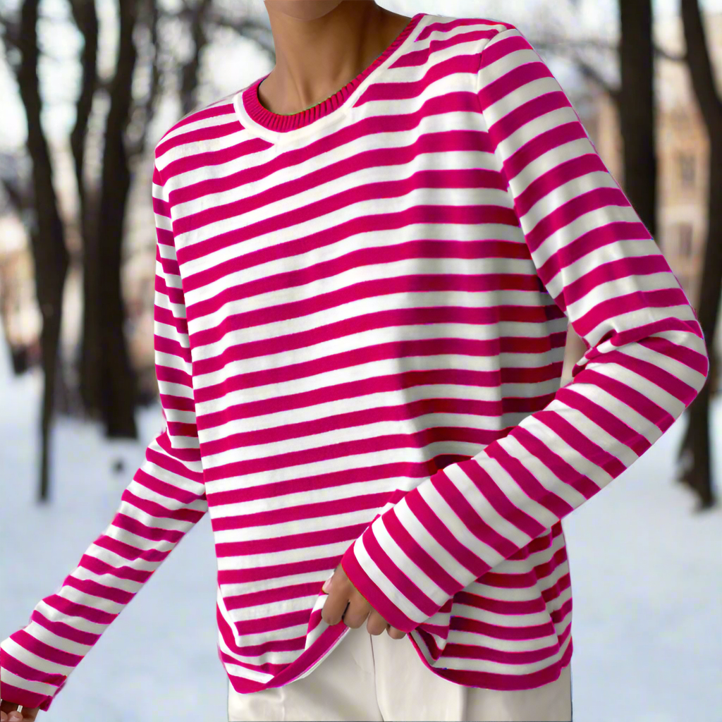 Damen Gestreiftes Longsleeve für den Alltag in Korallenrosa
