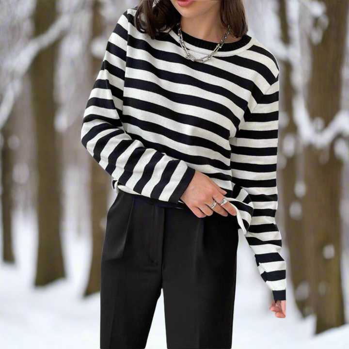 Damen Gestreiftes Longsleeve für den Alltag in Mitternachtsschwarz