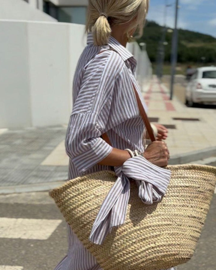 Damen gestreiftes Sommerkleid im Hemdblusen-Stil in Grau 1