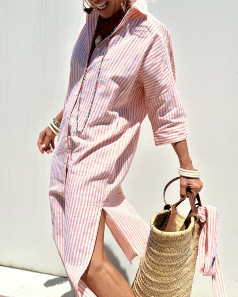 Damen gestreiftes Sommerkleid im Hemdblusen-Stil in Rosa 2