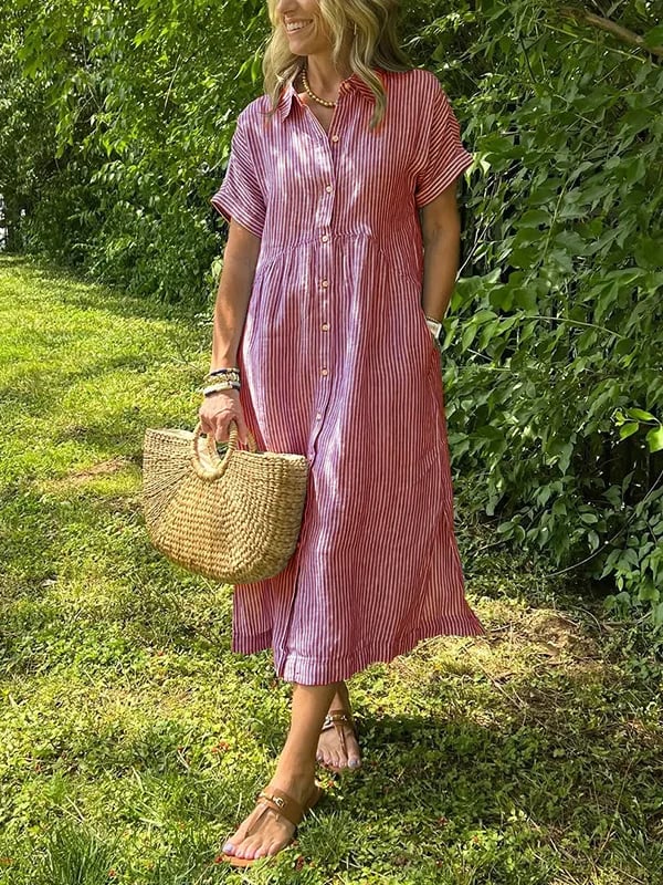 Damen gestreiftes Strandkleid im Midi-Schnitt in Rot