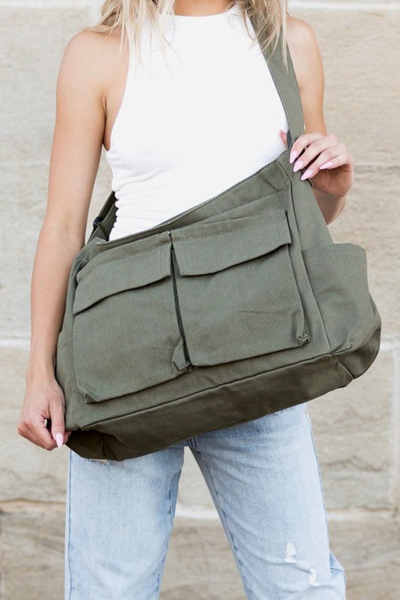 Damen große Canvas Schultertasche in Olivgrün