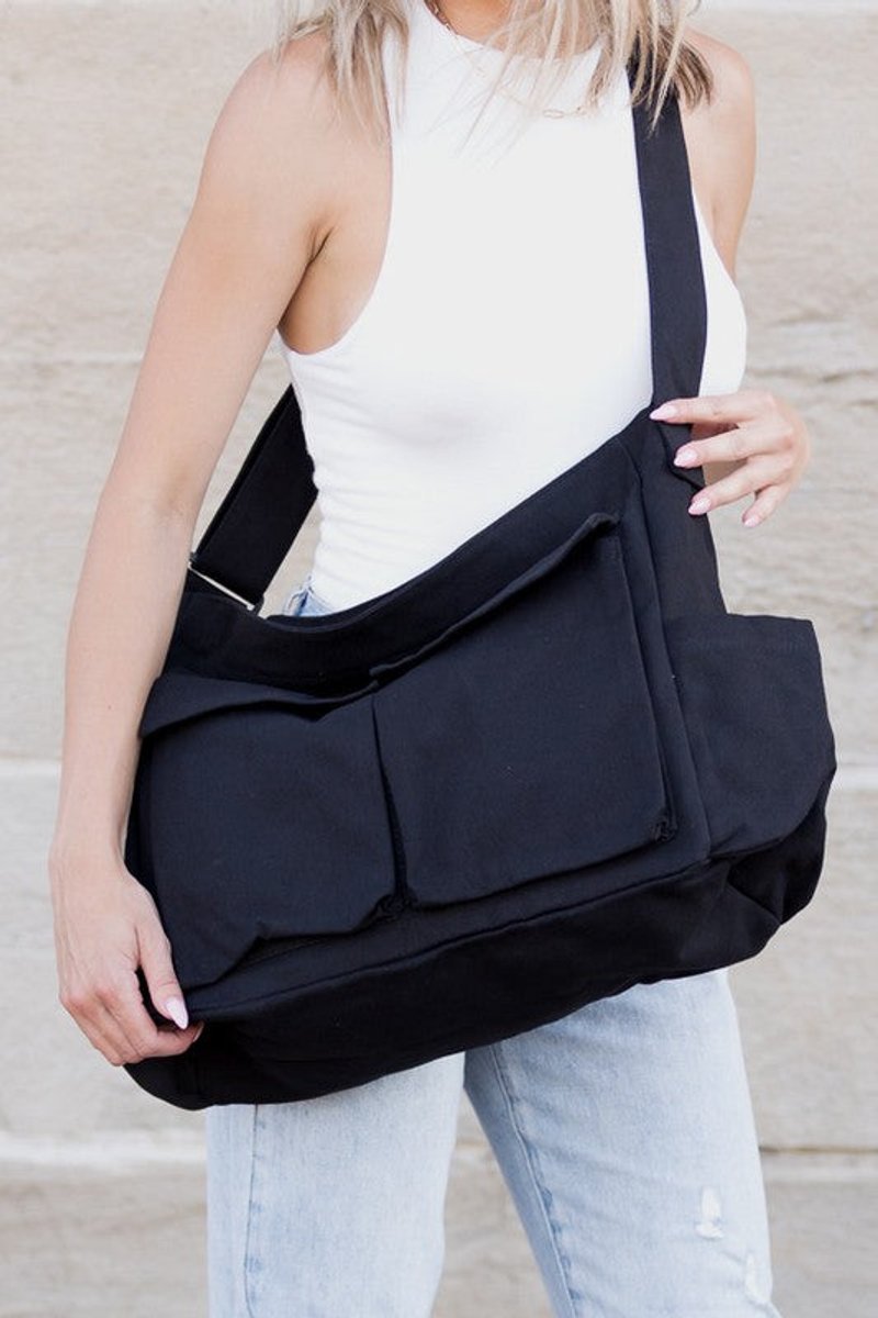 Damen große Canvas Schultertasche in Schwarz