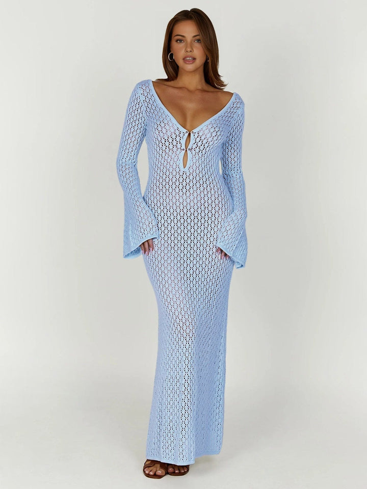 Damen Häkel-Sommerkleid im Boho-Stil für den Strand in Hellblau 1