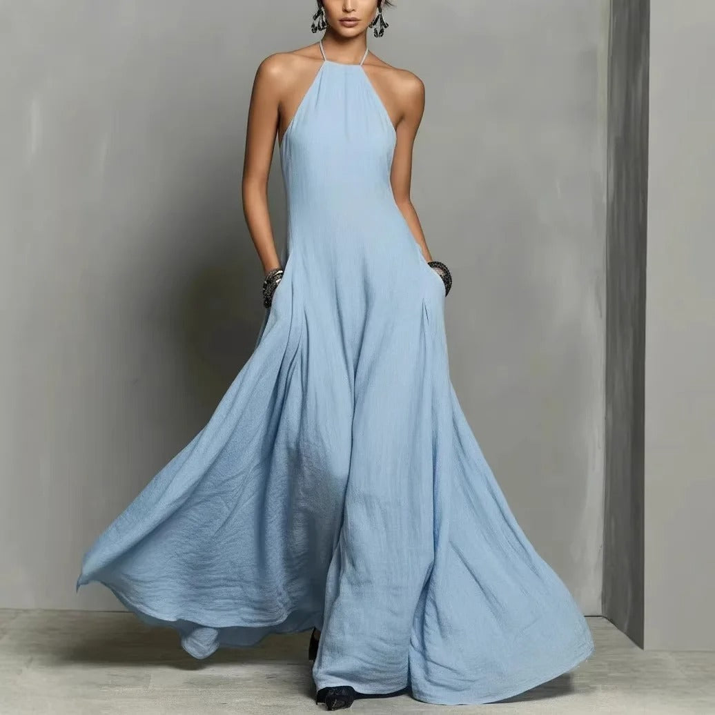 Damen Halter-Dress in Maxilänge aus Leinenmischung in 1