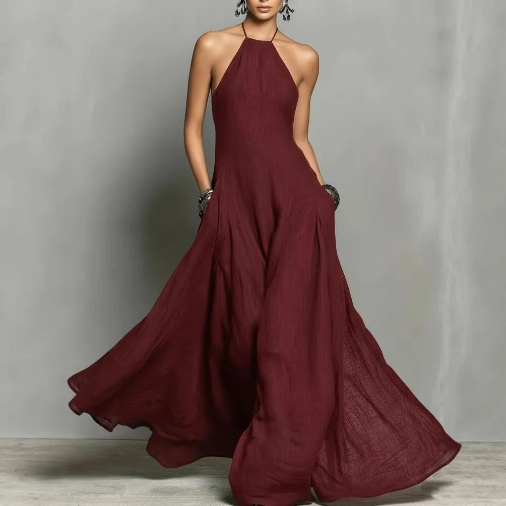 Damen Halter-Dress in Maxilänge aus Leinenmischung in 3
