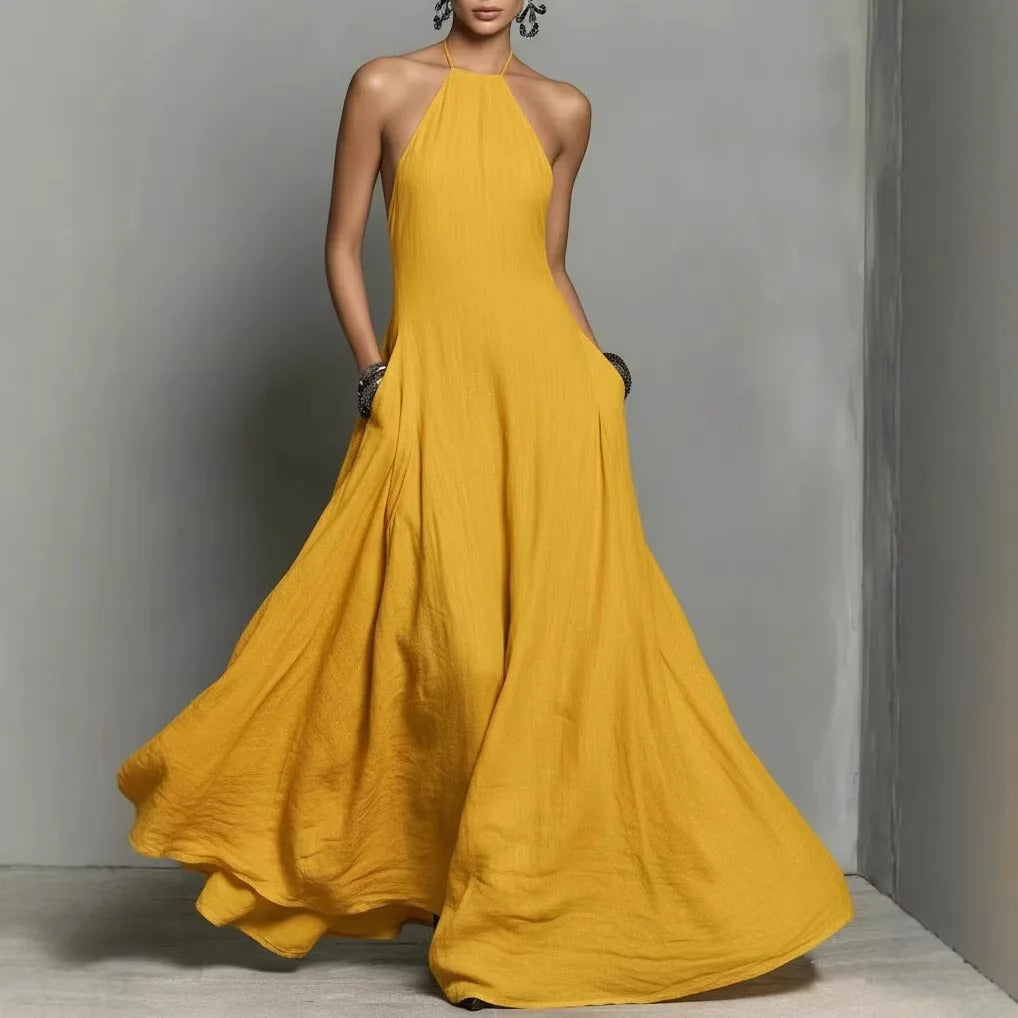 Damen Halter-Dress in Maxilänge aus Leinenmischung in 4