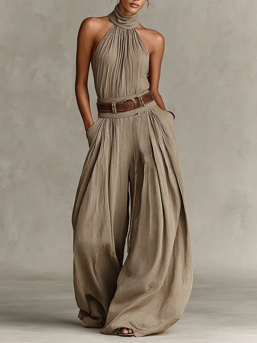 Damen Halter-Kleid im Boho-Stil für Herbst in Braun