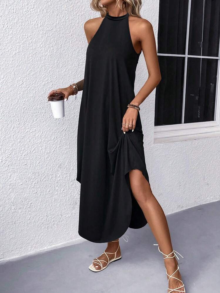 Damen Halter-Kleid Maxi im Freizeitstil in Schwarz