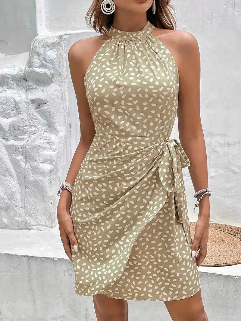 Damen Halter-Kleid mit Wickelschnitt für elegante Anlässe in Khaki