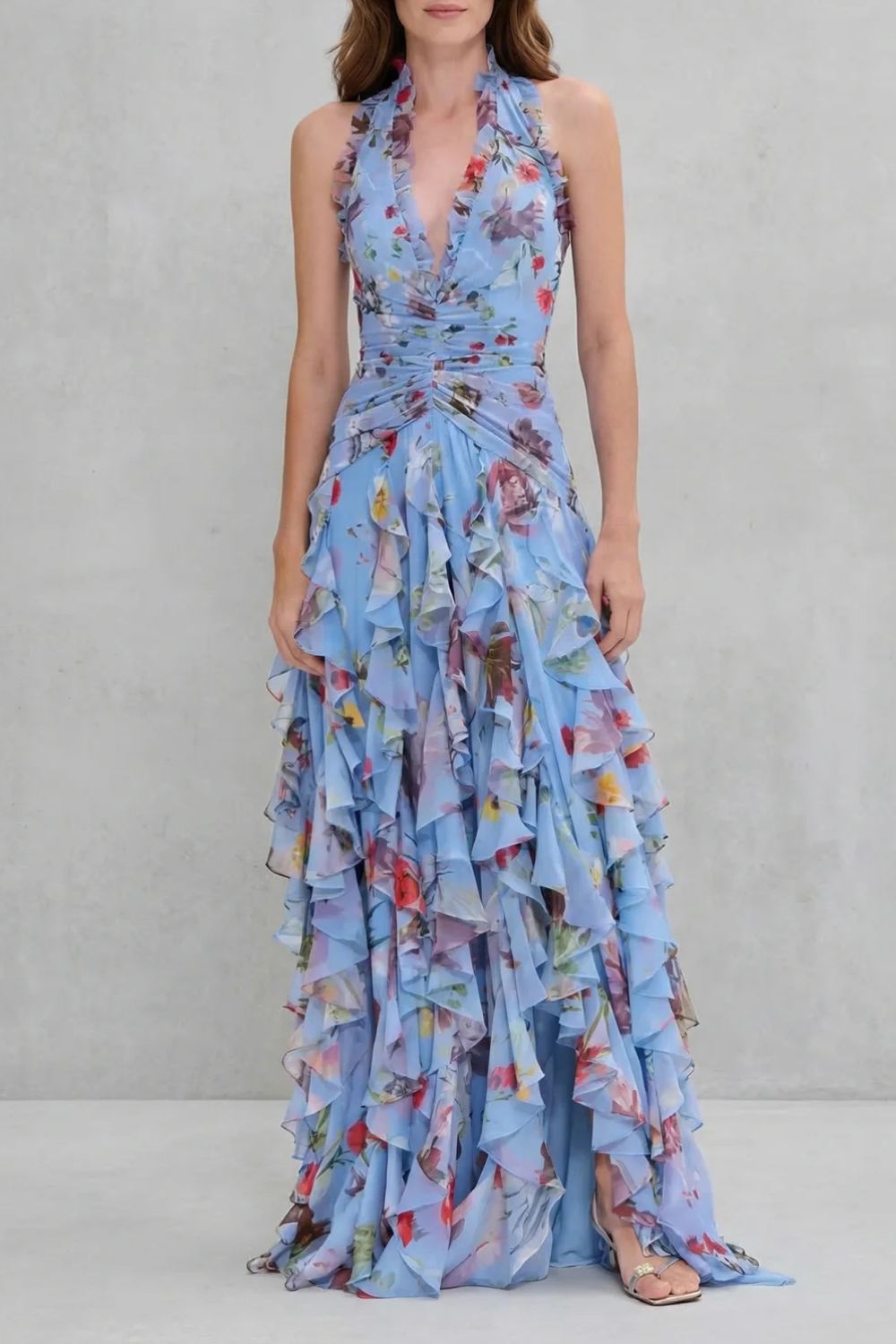 Damen Halter-Maxikleid mit Blütenprint in Blau