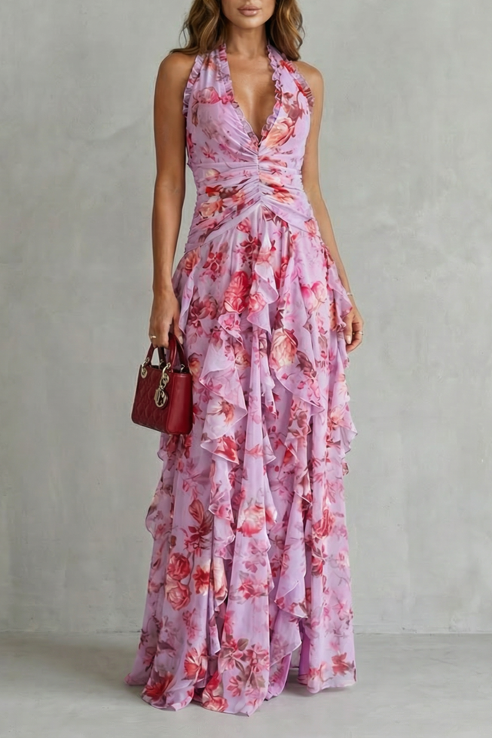 Damen Halter-Maxikleid mit Blütenprint in Rosa