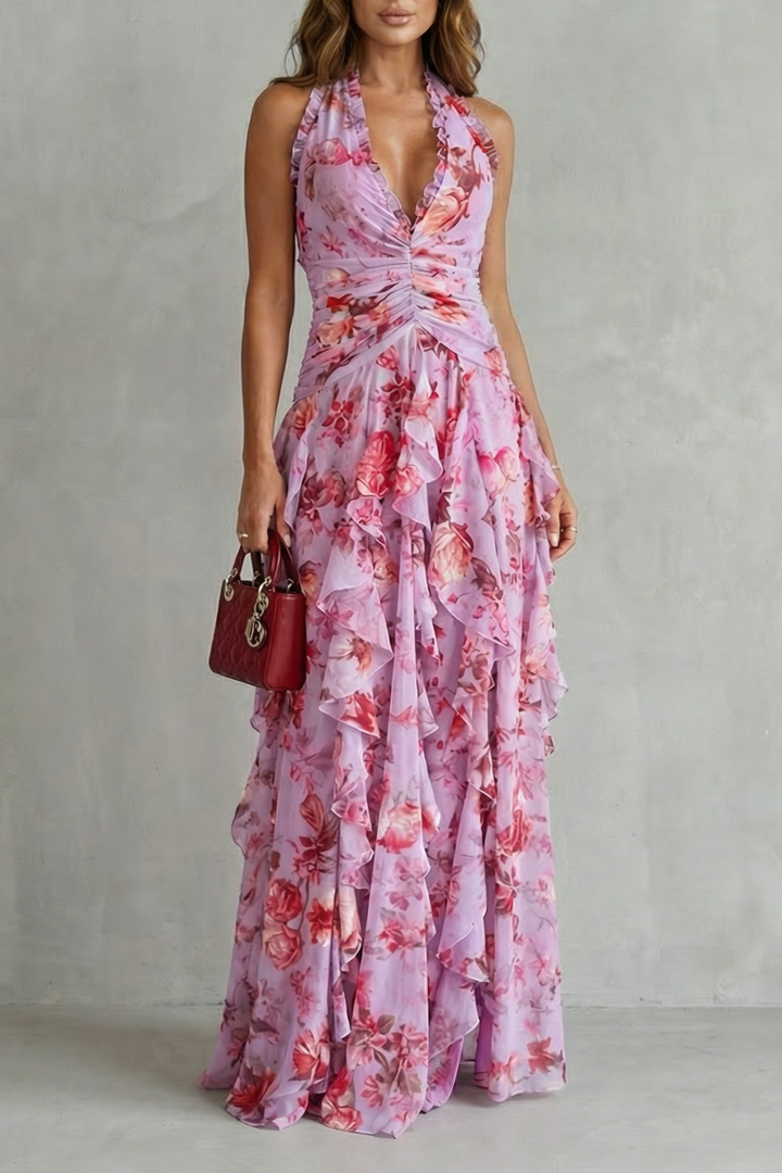 Damen Halter-Maxikleid mit Blütenprint in Rosa