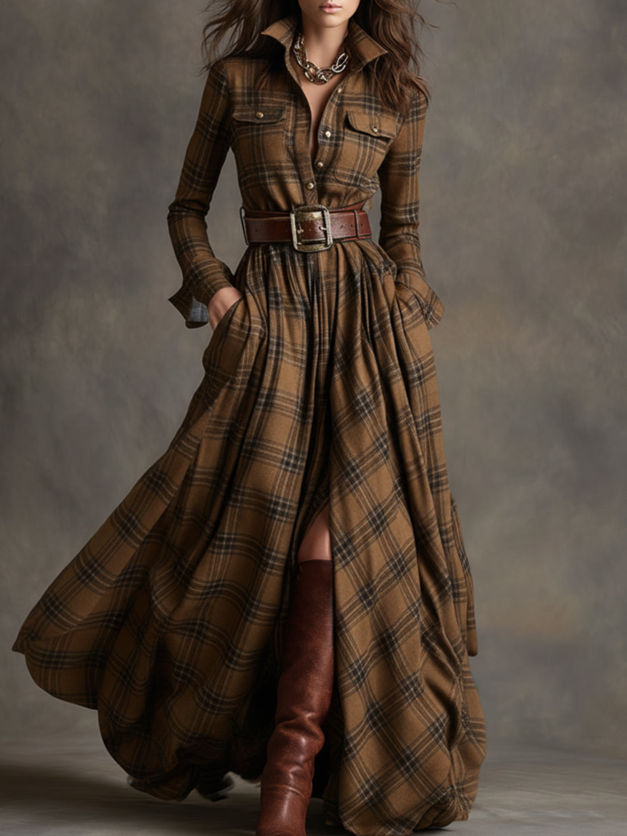 Damen Herbst Kleid elegant mit Gürtel in Braun
