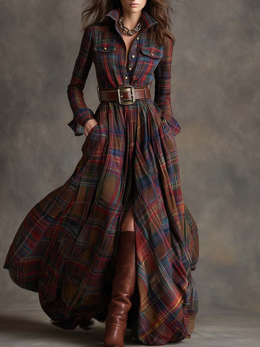 Damen Herbst Kleid elegant mit Gürtel in Dunkelbraun