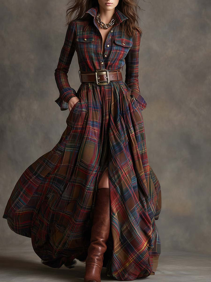 Damen Herbst Kleid elegant mit Gürtel in Dunkelbraun