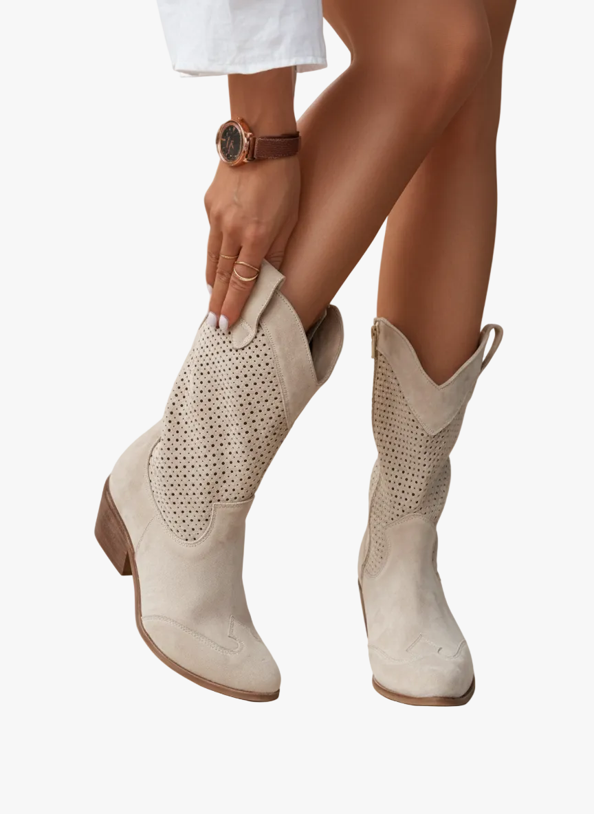Damen Herbstschuhe mit Westernstil aus Wildleder in Beige