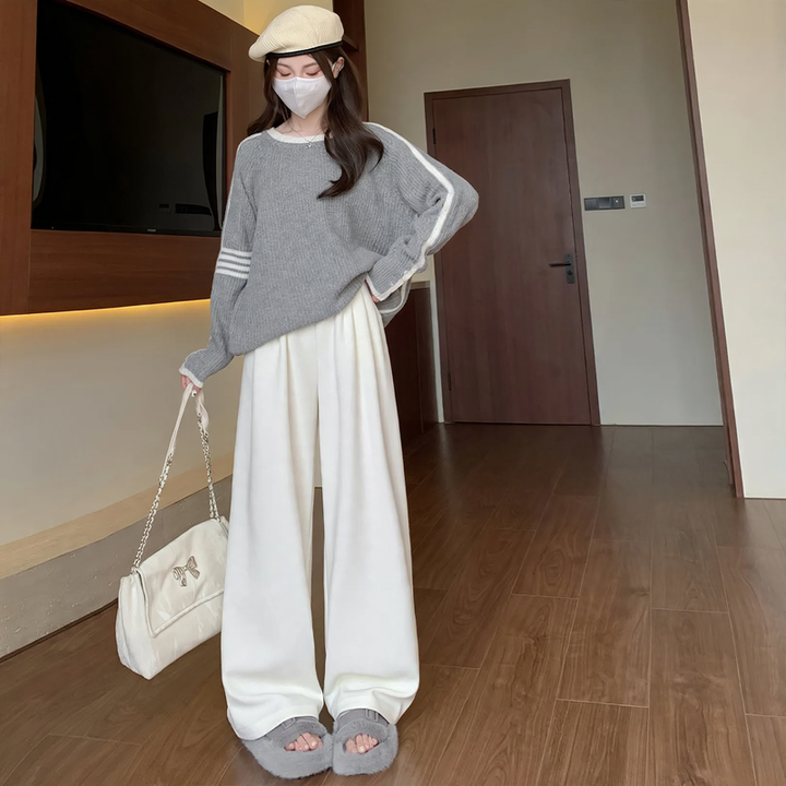 Damen Hochbund Cord-Strickhose gefüttert in Creme Frühling/Herbst Regular