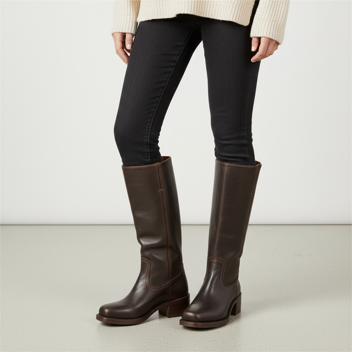 Damen Hochschaft Lederstiefel für Herbst in Dunkelbraun