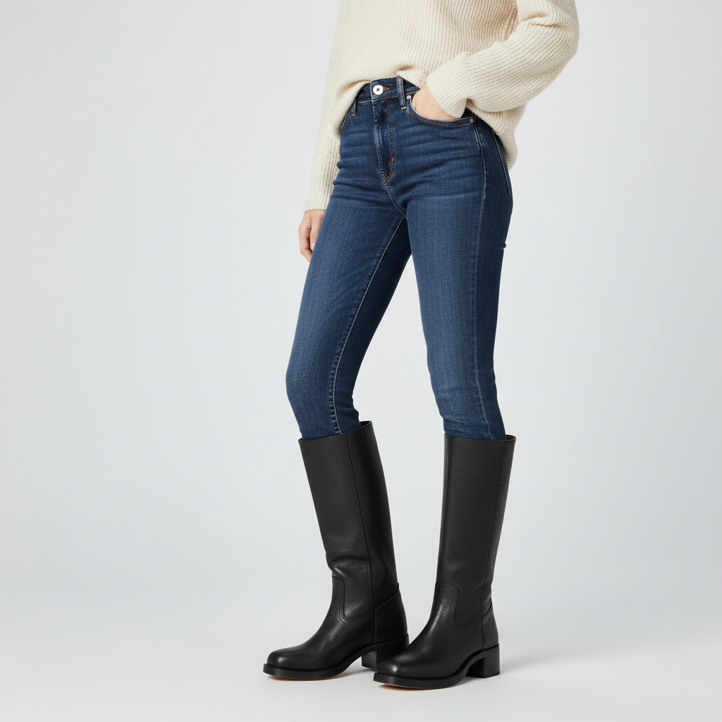 Damen Hochschaft Lederstiefel für Herbst in Schwarz
