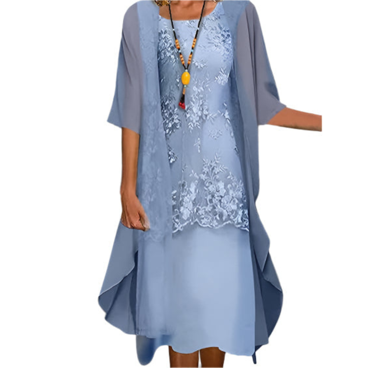 Damen Hochzeitsgast Elegantes Blumen Midikleid in Blau