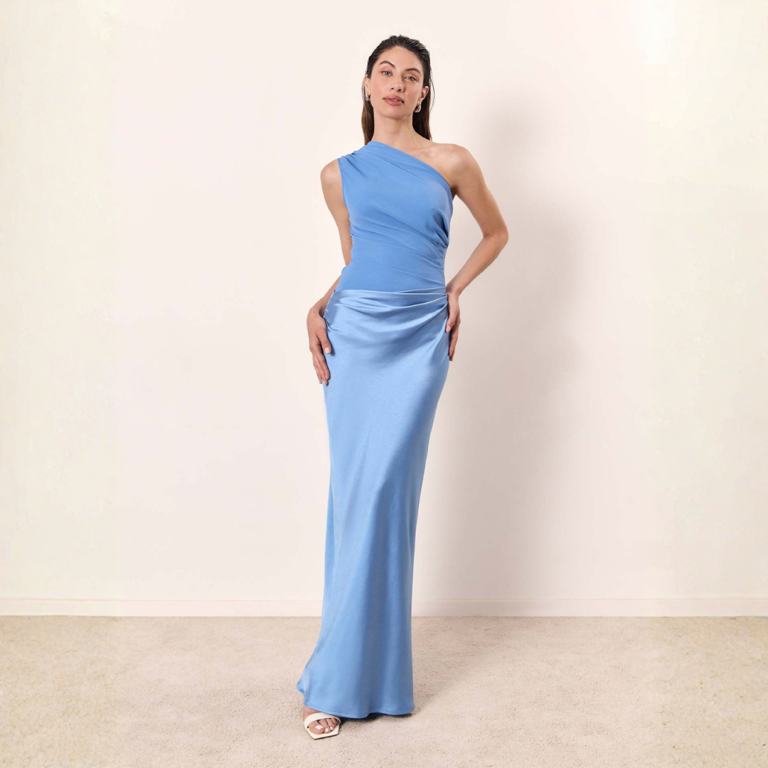 Damen Hochzeitsgast Kleid Ein-Schulter Abendkleid in Blau