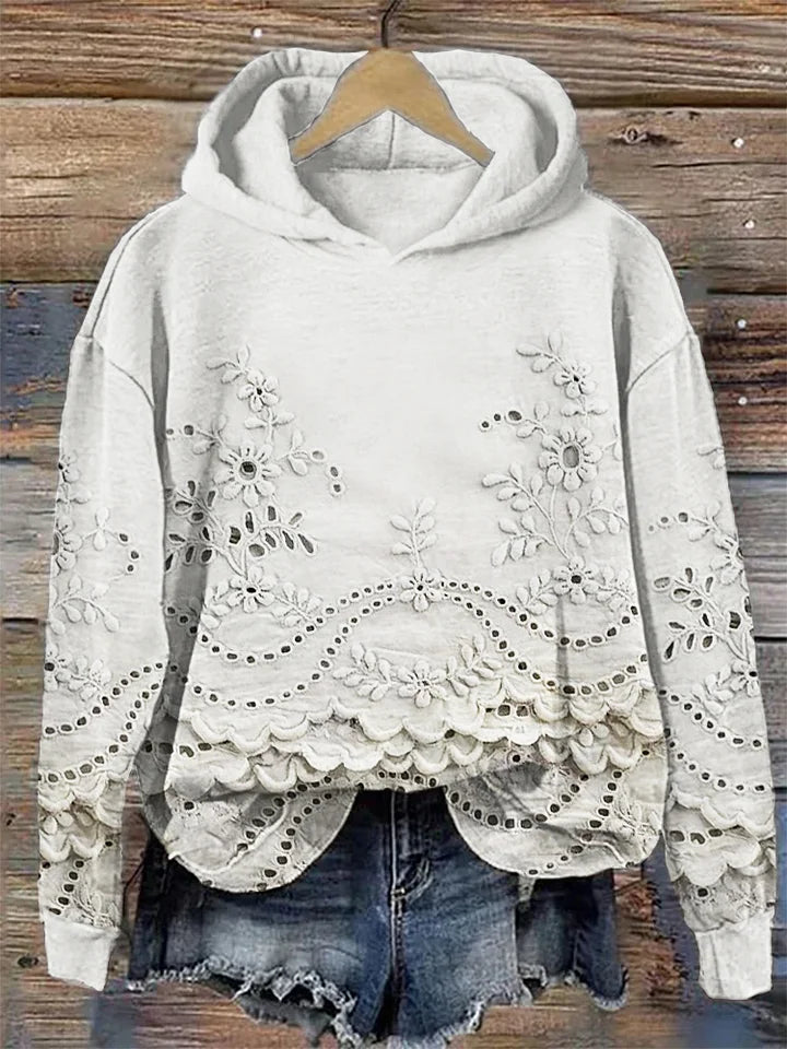Damen Hoodie mit Blumendruck zum Entspannen in Weiß