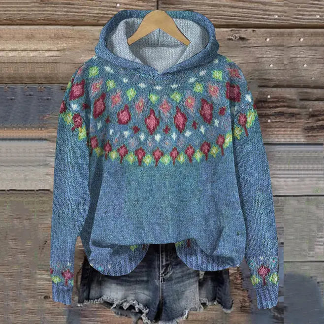 Damen Hoodie mit nordischem Muster in Blau
