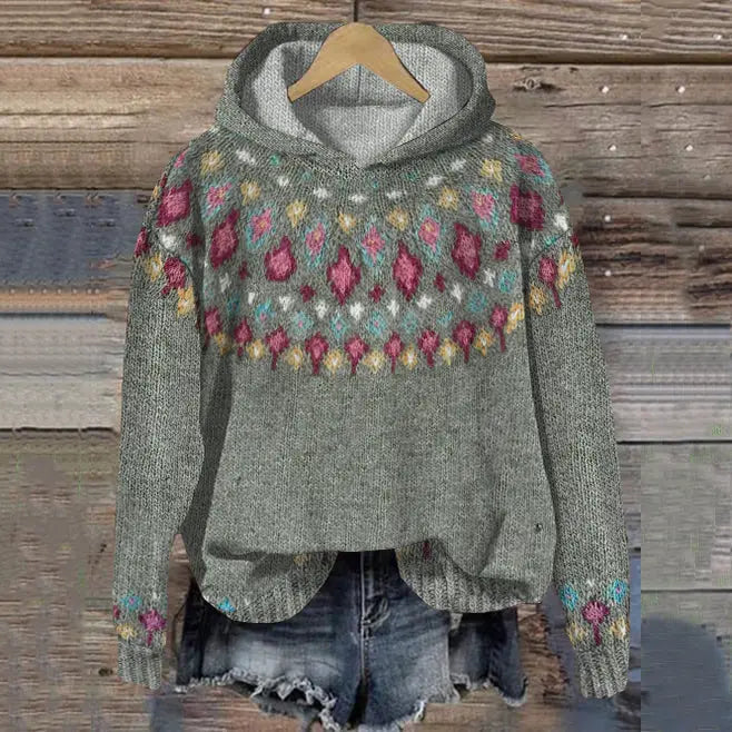 Damen Hoodie mit nordischem Muster in Grau