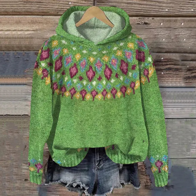 Damen Hoodie mit nordischem Muster in Grün