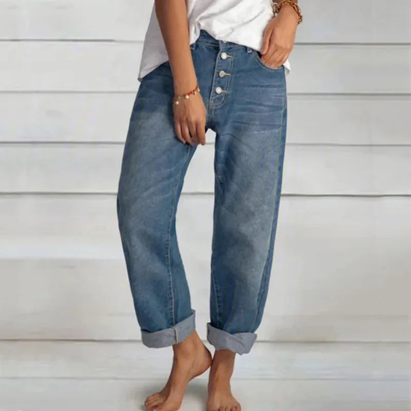 Damen Jeans Hochbund Elegant Weitbeinig in Blau 2