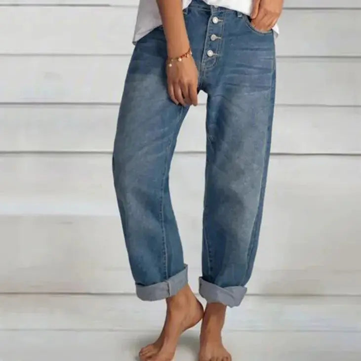 Damen Jeans Hochbund Elegant Weitbeinig in Blau 3