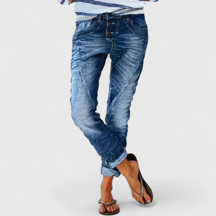 Damen Jeans mit Rissen im Vintage-Look in Mittelblau