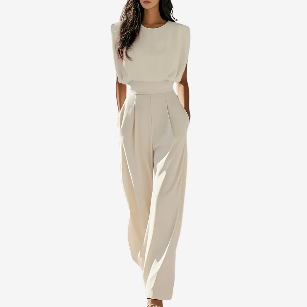 Damen Jumpsuit elegant mit Taillengürtel für Anlässe in Beige