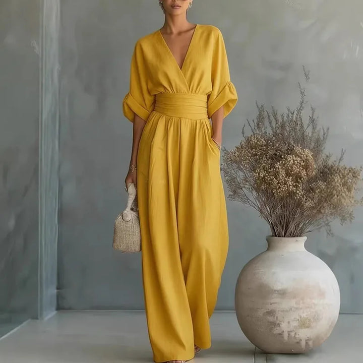 Damen Jumpsuit im Wrap-Stil mit weitem Bein in Gelb