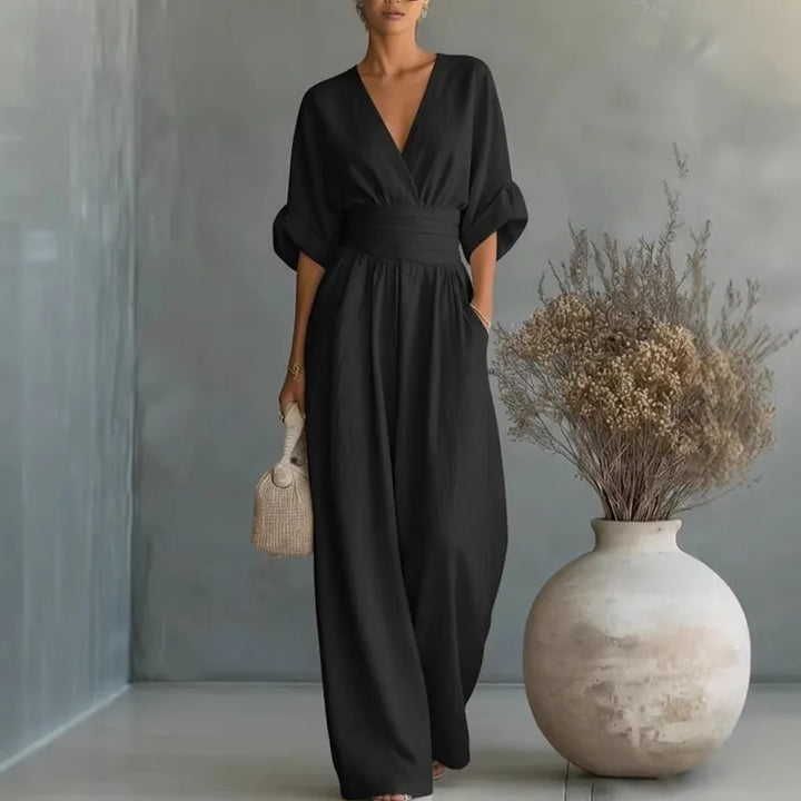 Damen Jumpsuit im Wrap-Stil mit weitem Bein in Schwarz